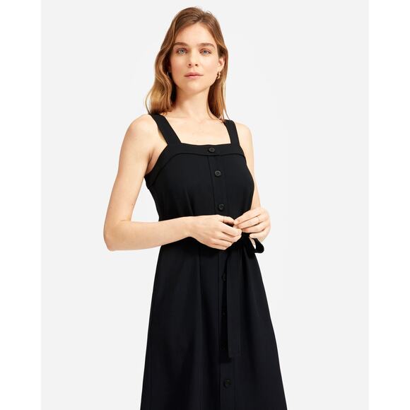 Everlane Black Japanese Goweave Picnic Midi Dress Button Front Size 6 Pockets - Picture 1 of 9
